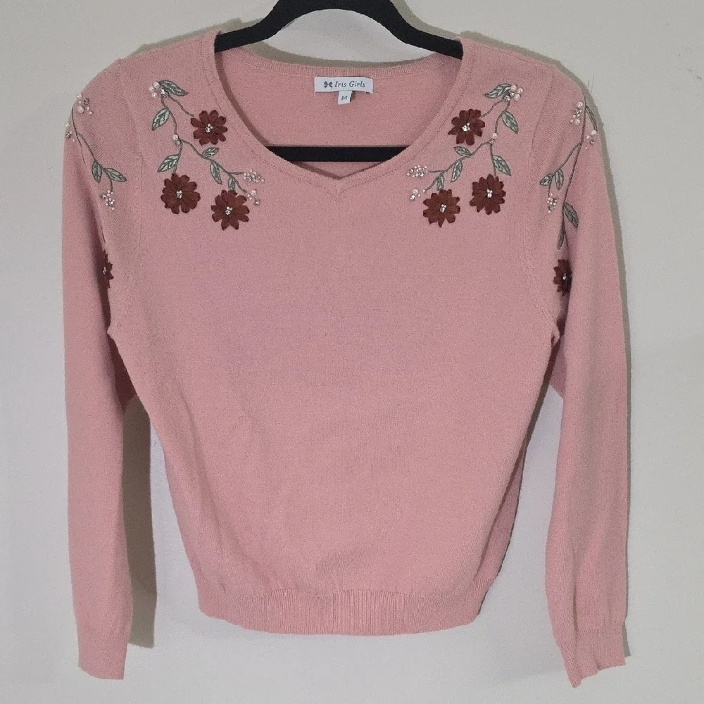 Pink Floral Embellished Knit Sweater
